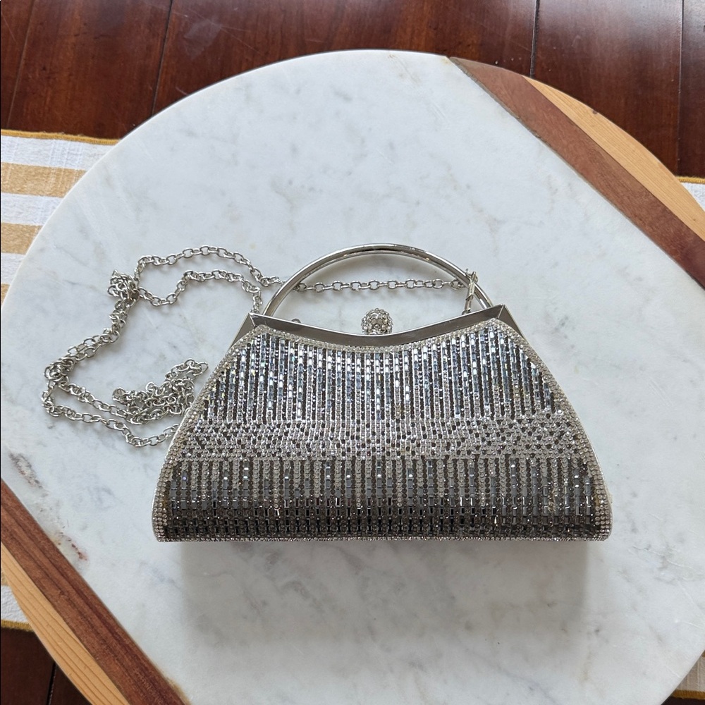Silver Crystal-Studded Evening Clutch with Chain